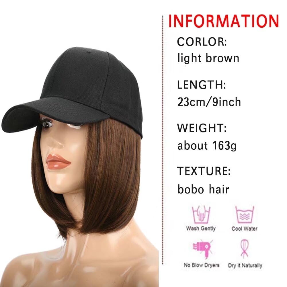 LaLuLoLi Light Brown Short Straight Bob Wig with Hat Wig 9" Short Synthetic Hair Extensions Hairpiece with Attached Adjustable Black Baseball Cap for Women Girl - Image 2
