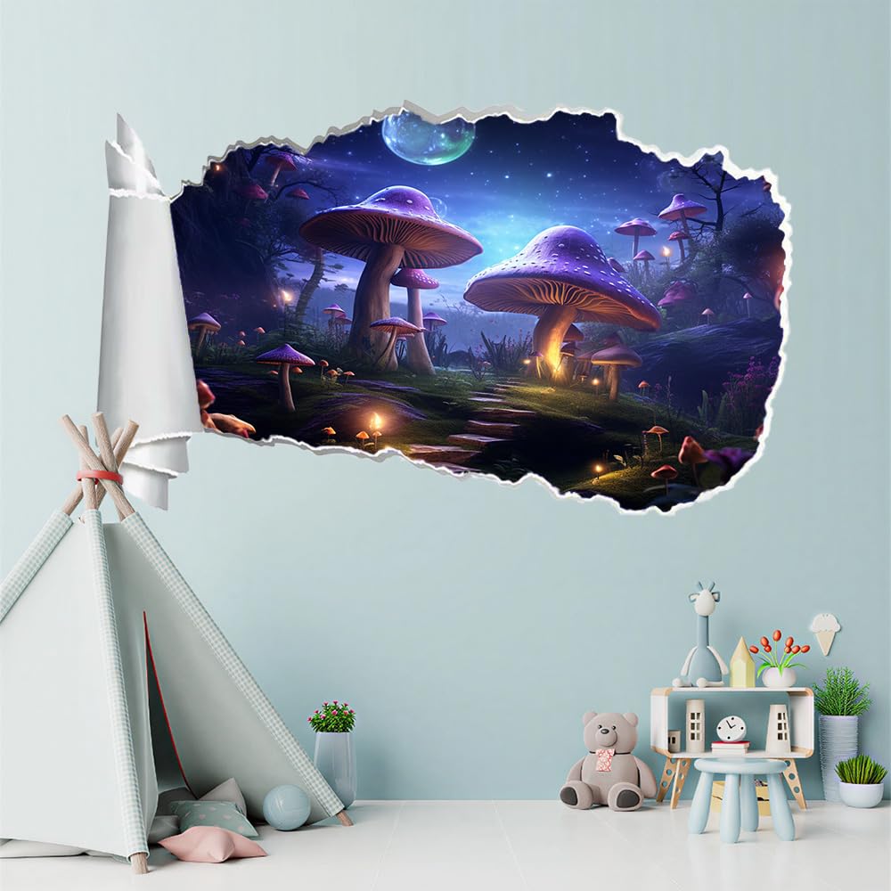 3D Wandaufkleber, Pilzmond Durchbruch Wandtattoos Deko Wand Selbstklebend Nachtansicht, Wand Aufkleber Wanddurchbruch Wandsticker für Zuhause, Schlafzimmer, Wohnzimmer