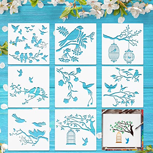 8 PIECES BIRD STENCILS BIRD TREE BRANCHES STENCIL FLYING BIRD PAINTING ø ٽ BIRD FLOWER LEAF DRAWING REUSABLE STENCIL FOR PAINT CRAFT WALL DIY NATURE DECOR WOOD SIGN (6 X 6ġ)