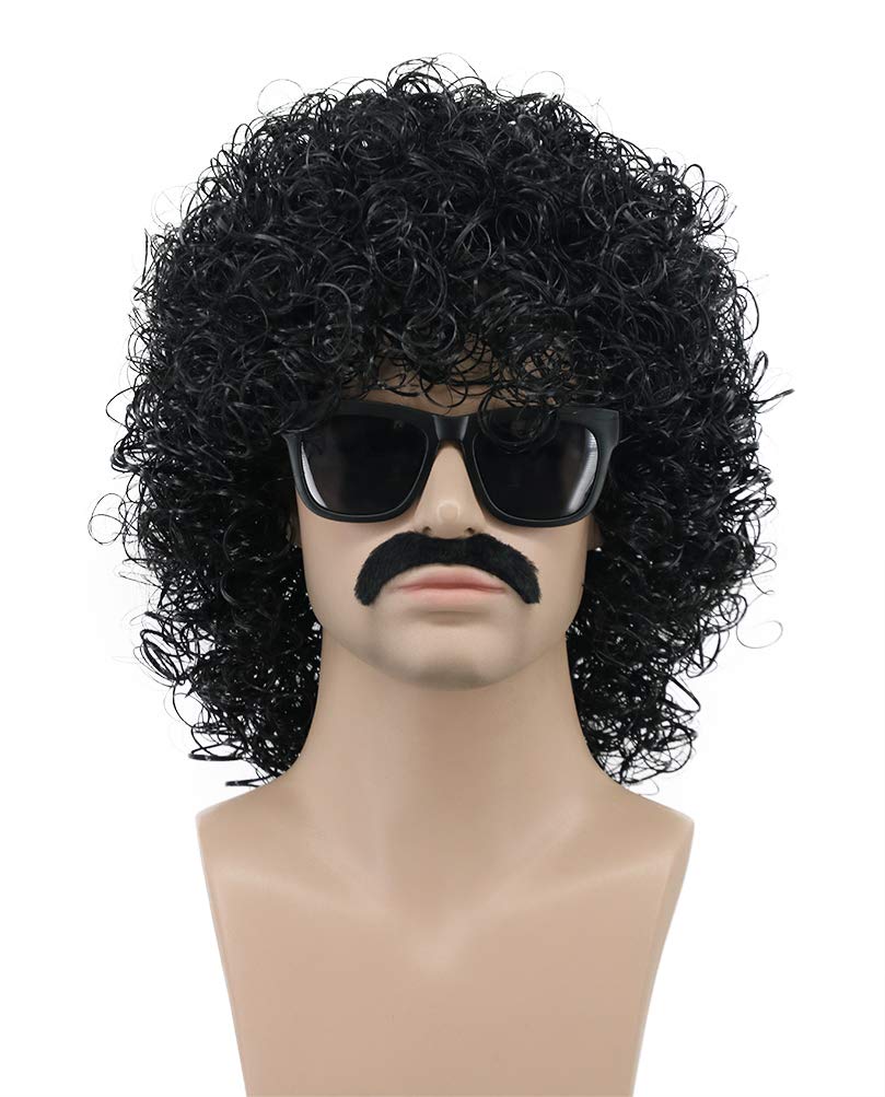 VGbeaty Adult Men Short Curly Black Rocker Wig Mustache Wig California Halloween Cosplay Anime Costume Wig (Black)
