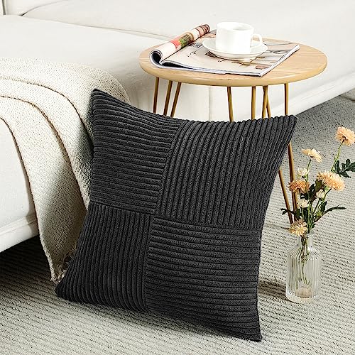 Image of Fancy Homi 2 Packs Black Samll Decorative Throw Pillow Covers 12x12 Inch with for Couch Bed Sofa, Rustic Farmhouse Boho Home Decor, Soft Corss Patchwork Corduroy Square Cushion Case 30x30 cm