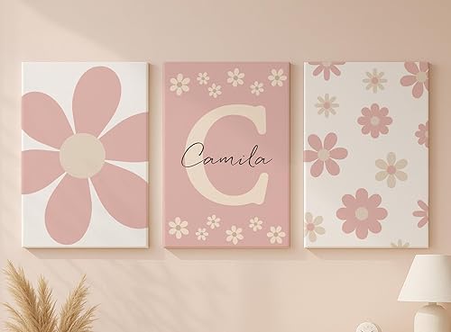 Arte de pared personalizado para el cuarto del bebé de las niñas, lienzo estirado con nombre personalizado, 3 piezas enmarcadas con margaritas,