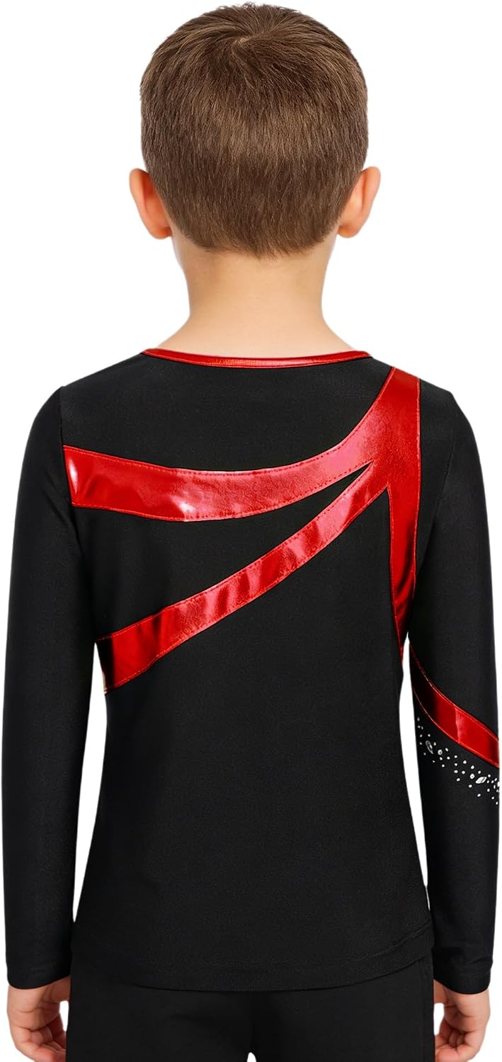Kids Boys Figure Ice Skating Top Long Sleeve Metallic Sparkly Rhinestones Dance Performance Shirt
