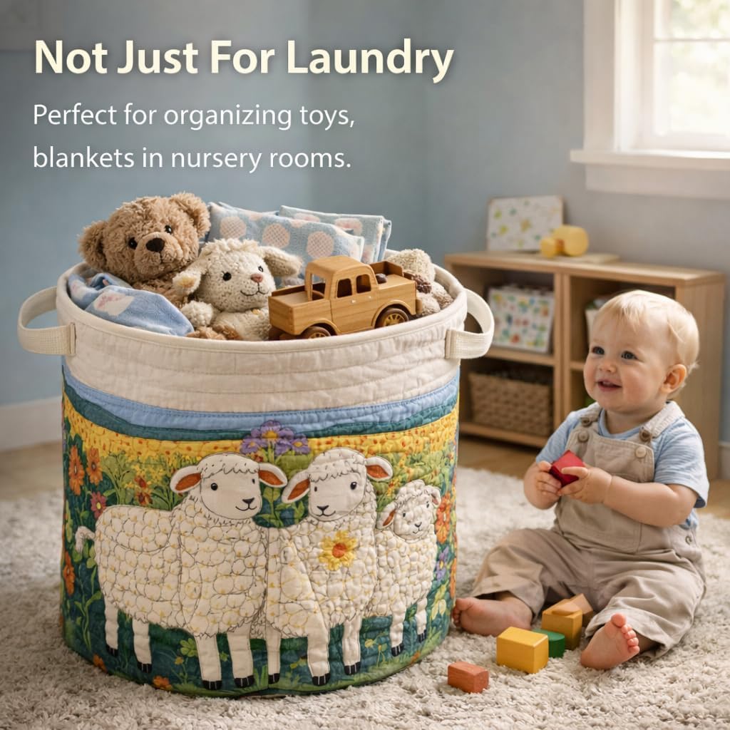 Quilted Laundry Basket with Handles, Boho Floral Fabric Hamper for Clothes & Toys, Soft Large Storage Basket for Nursery, Bedroom, Laundry Room (Sheep Patch, M: 16" x 22")