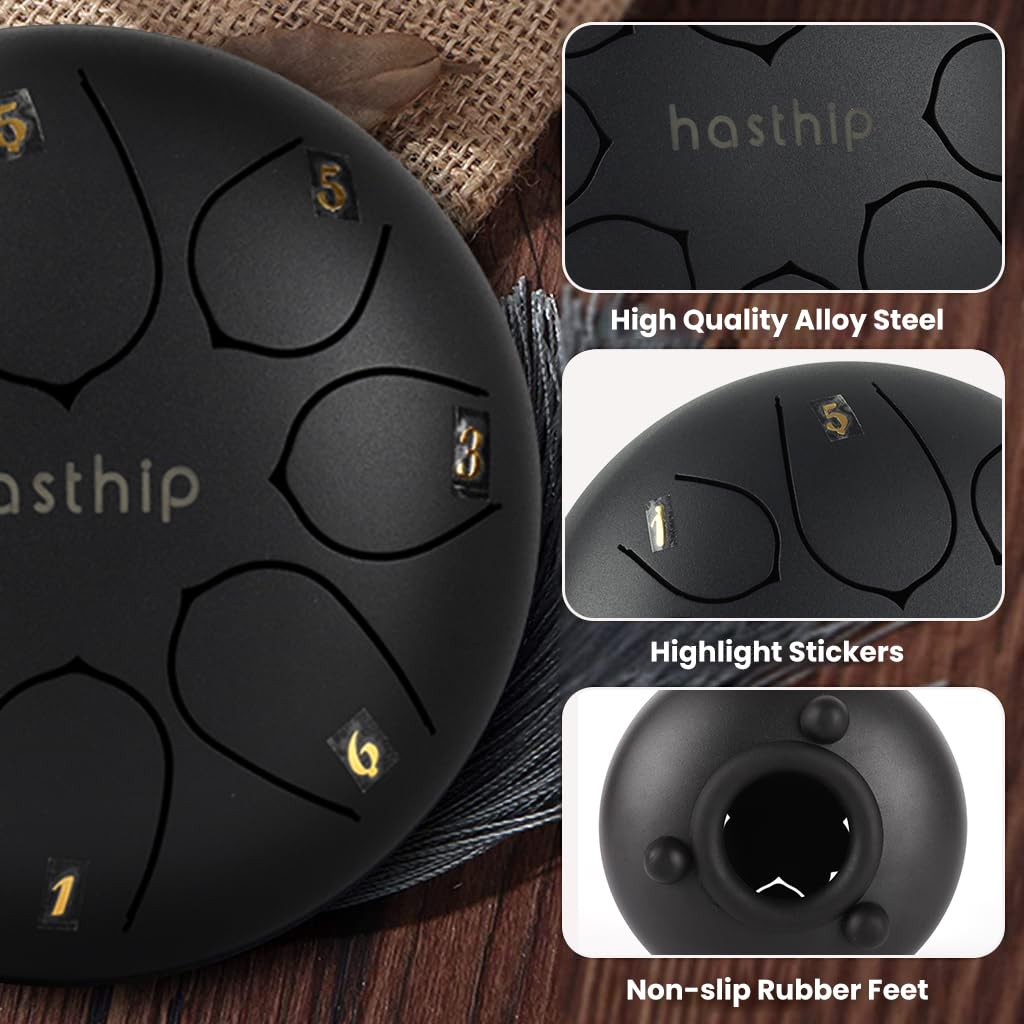 HASTHIP® Steel Tongue Drum 8 Note, 6 inch Percussion Instrument Handpan Drum with Bag, Music Book and Mallets for Kids and Adults Meditation Musical Education Concert Mind Healing Yoga (Black) 2