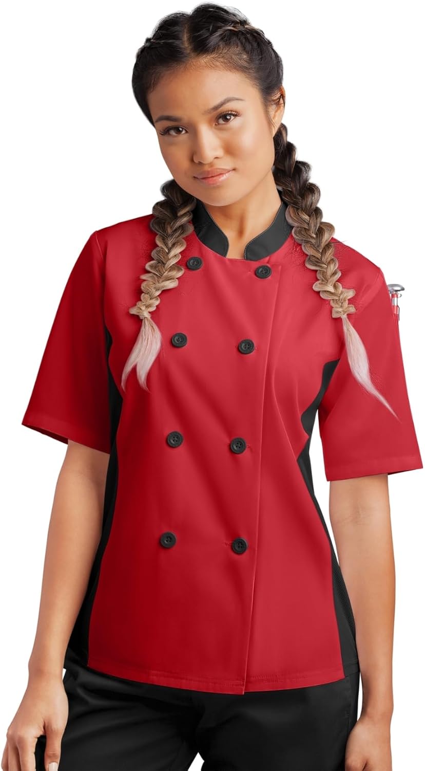 Women's Chef Coat Short Sleeve - Professional Chef Jacket with Mesh Side Panels, Double Breasted Closure & Thermometer Pocket