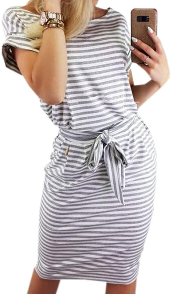 PALINDA Women's Striped Elegant Short Sleeve Wear to Work Casual Pencil Dress with Belt