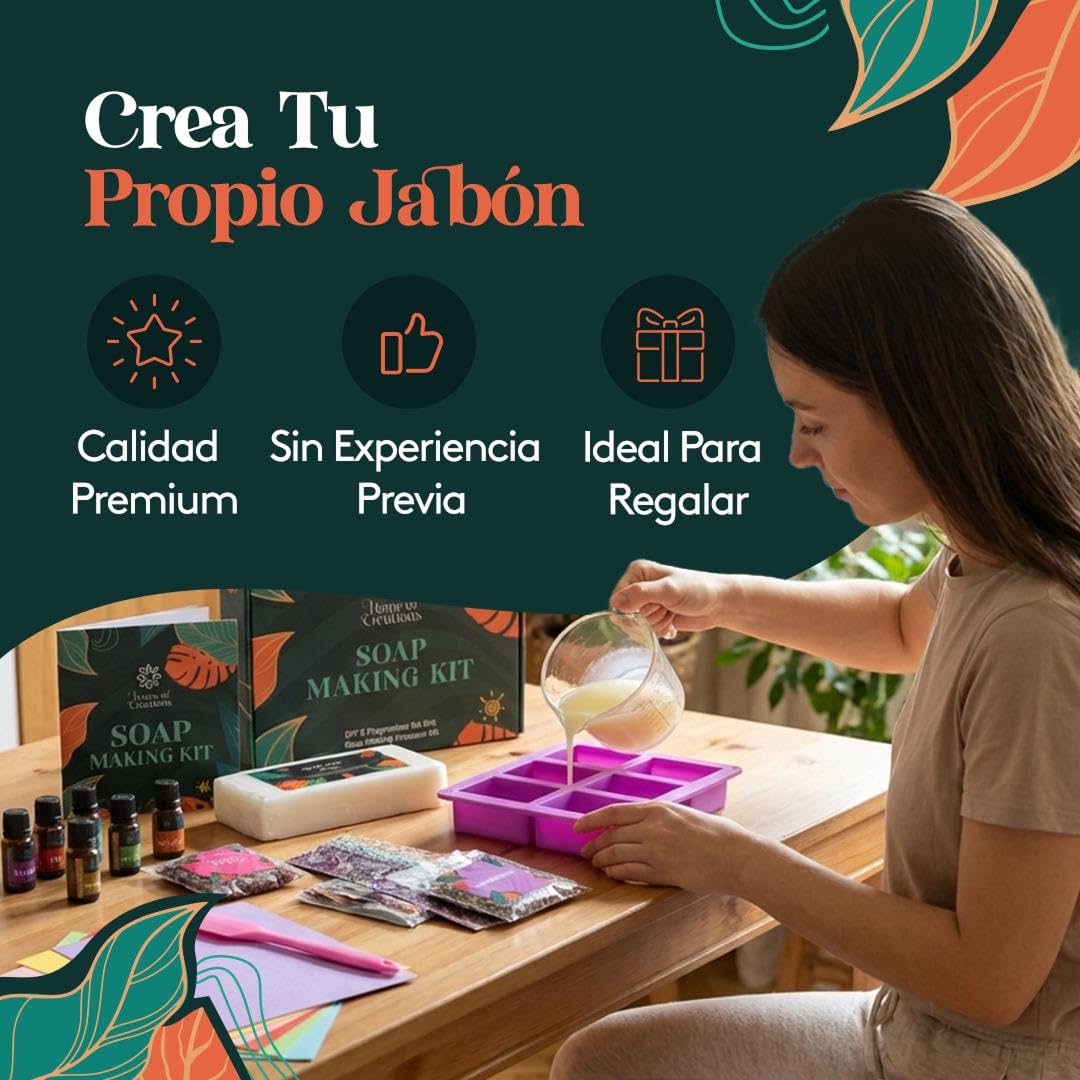Home of creations Kit Jabón DIY 36 Piezas con Moldes y Aromas | 36 piezas, moldes, aceites aromáticos, pigmentos y guía, kit creativo para hacer jabones personalizados en casa