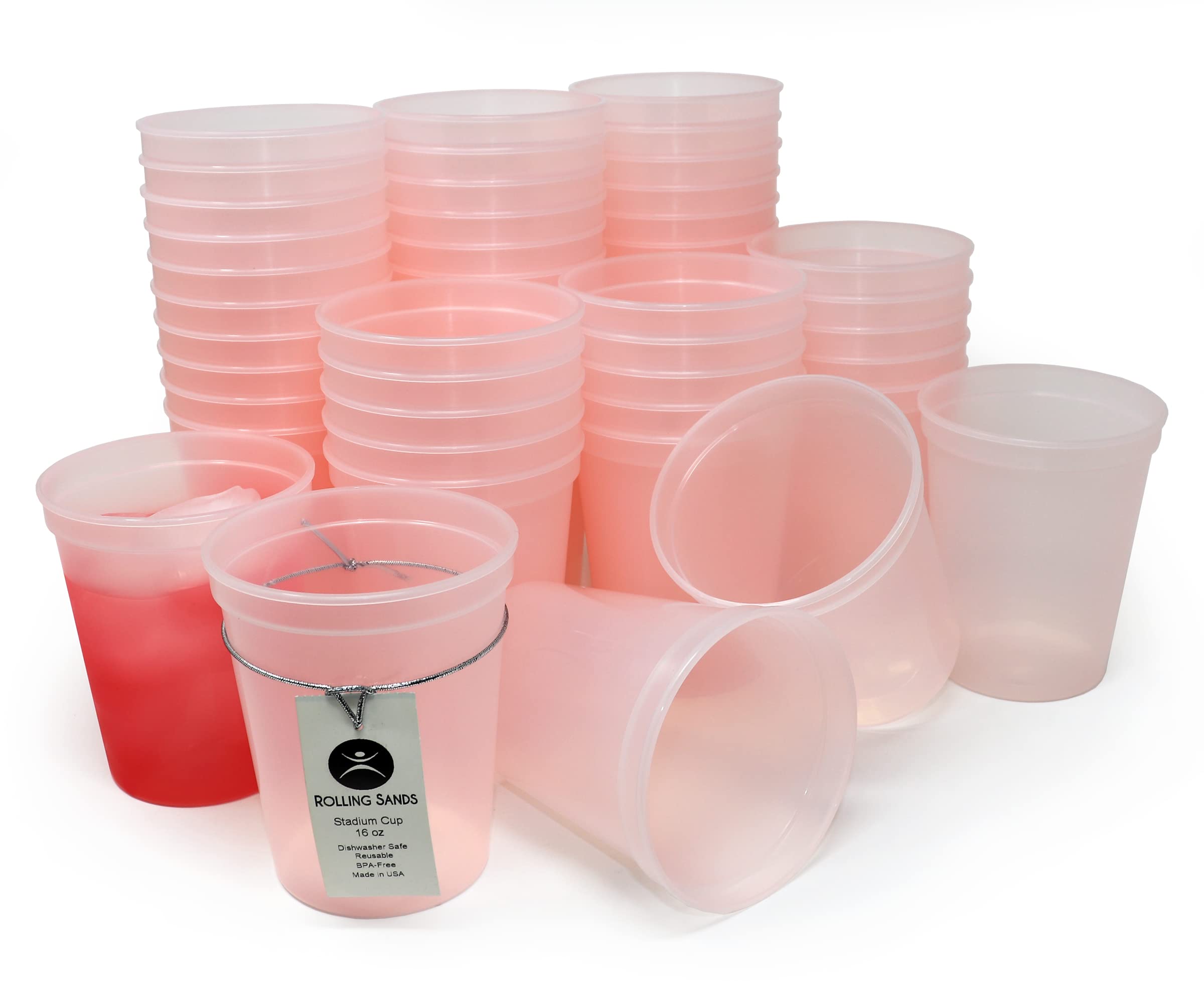 Rolling Sands16 Oz Reusable Plastic Stadium Cups, Bulk 50 Pk, Made in USA, BPA-Free Dishwasher Safe Color Changing Tumblers, Frost to Red