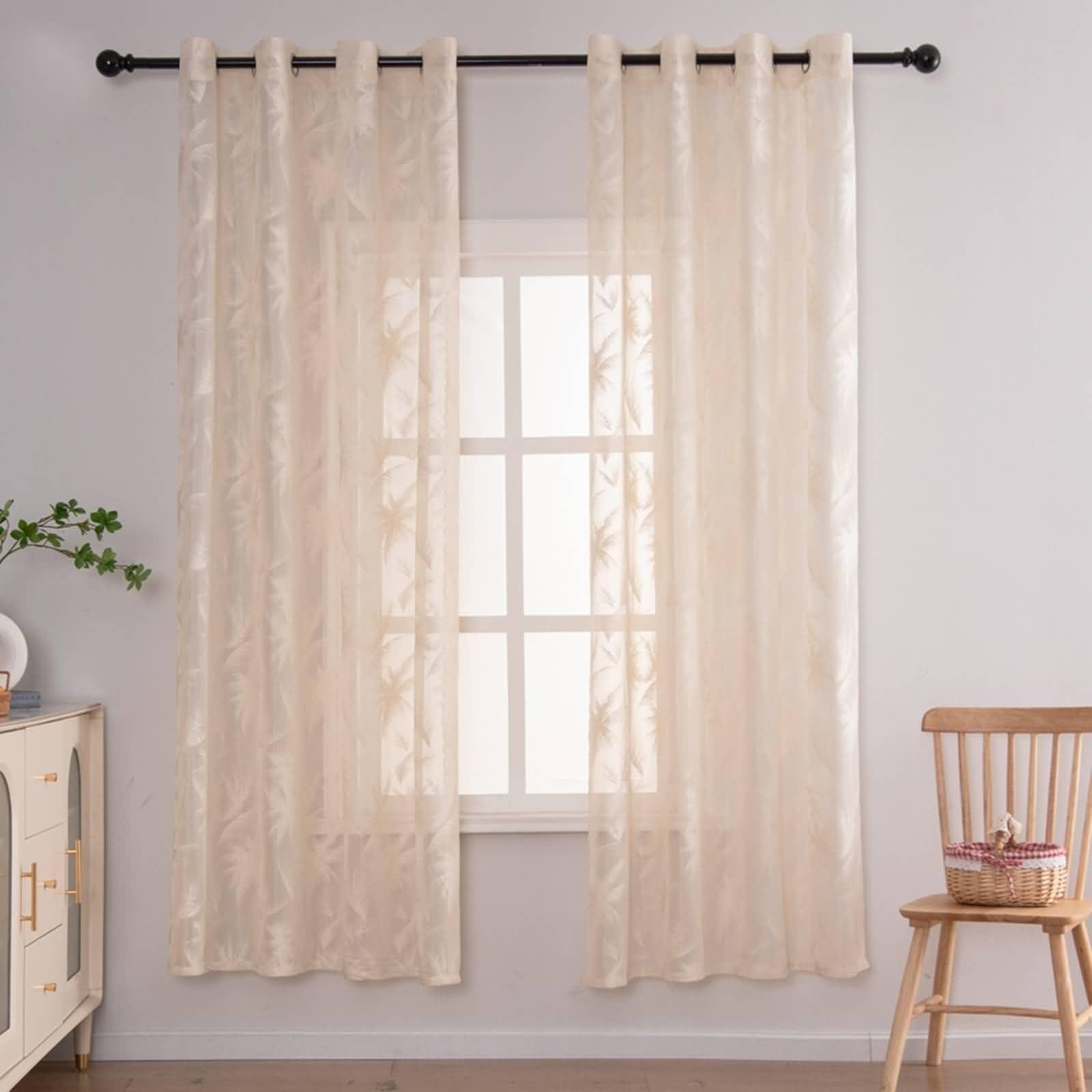 Rideau voilage salon beige 140x215cm à motif palmier pour fenêtres et baies vitrées