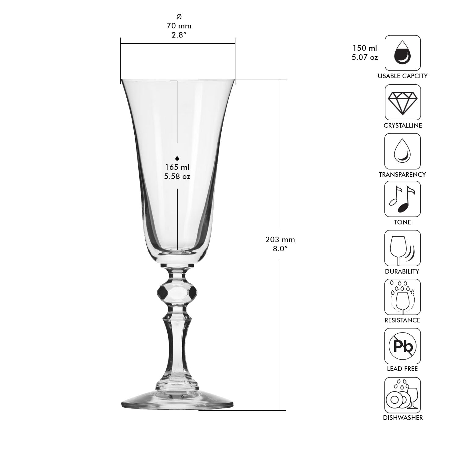 Krosno – Kieliszki do Szampana 165 ml – Zestaw 6 sztuk – Kolekcja Krista – Kryształ Bezołowiowy – Elegancki Design i Zdobiona Nóżka