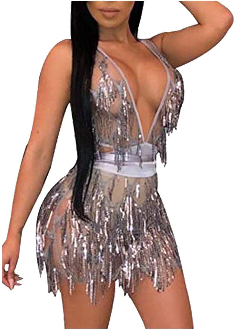 L'VOWWomen's Glitter Sexy Deep V Neck Sequin Beaded Halter Bodycon Mini Nightclub Party Dress