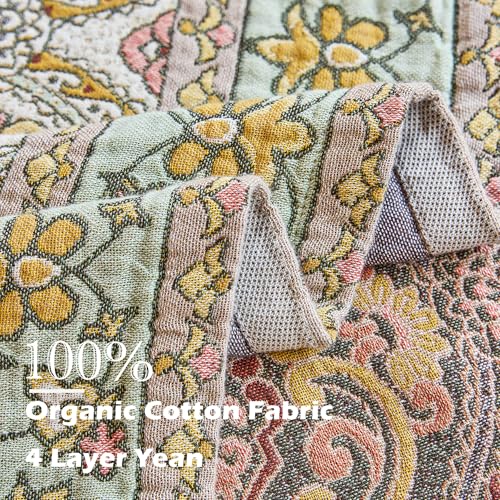 Image of VANJOROY Boho Throw Blanket for Bed Couch 50 inch x 60 inch, 100% Organic Cotton Skin-Friendly Ultra Soft Quilt Throw - Floral Rustic Living Room Decor Luxury Reversible Blanket for Sofa Chair and Gift