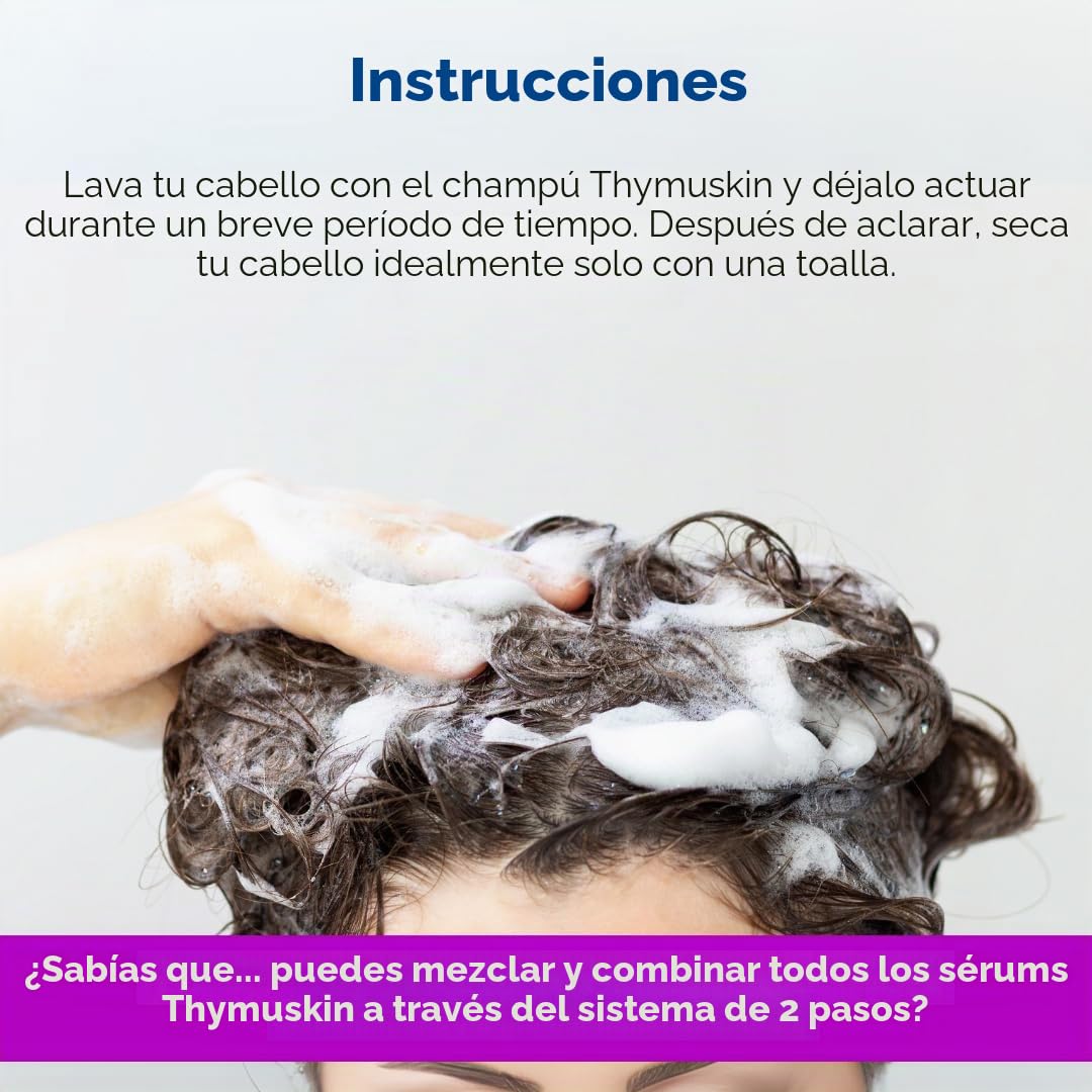 Thymuskin Forte Champú – Medio contra la caída del cabello fuerte para mujeres y hombres – Activa el crecimiento nuevo del cabello – confirmado por ensayos clínicos – no efectos secundarios – Puntos de cuidado premium – 200 ml