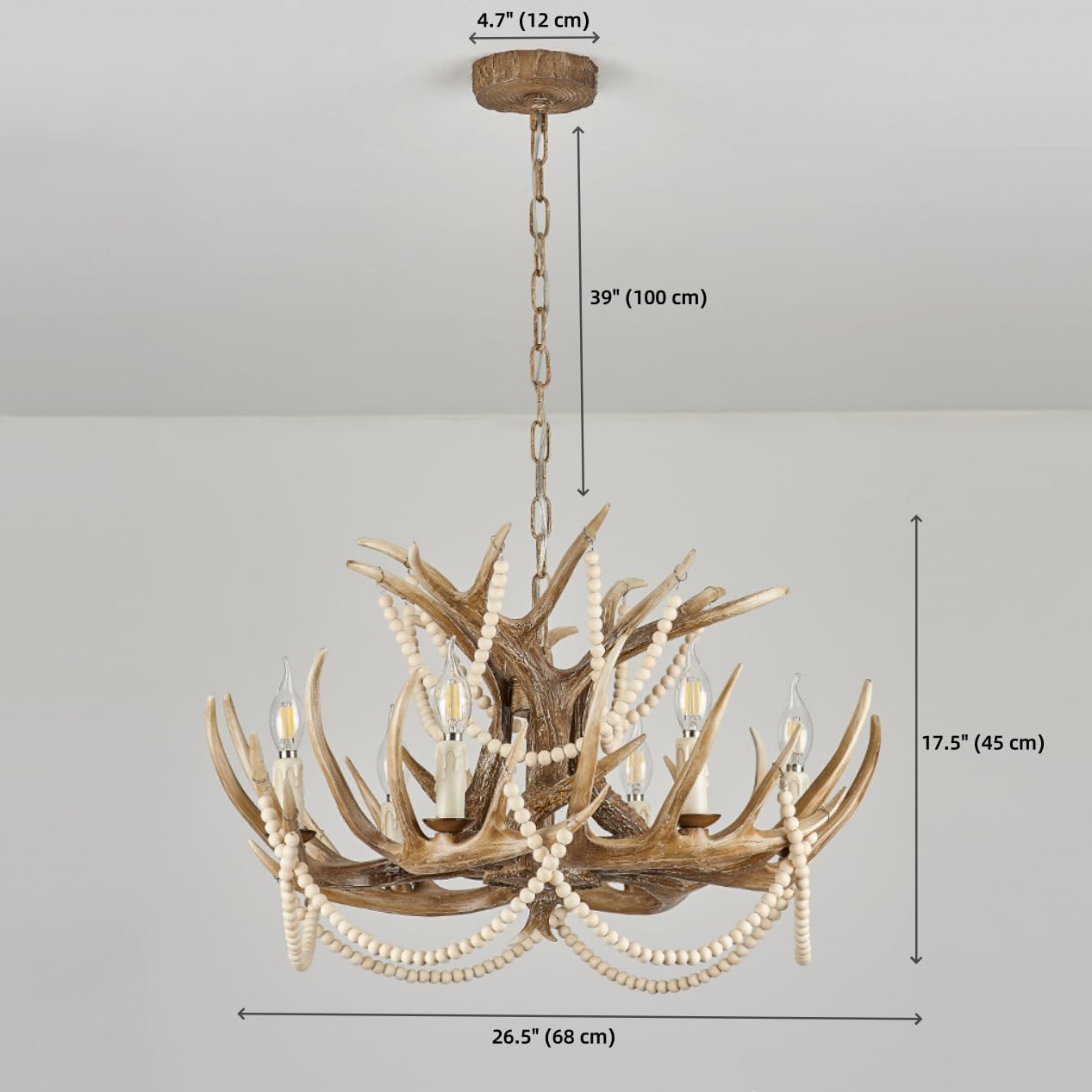 Farmhouse Antler Chandelier Rustic Log Cabin Lighting with Wood Beaded 6 Lights Deer Horn Light Fixture Candle Style Pendant Light for Dining Room Living Room Foyer Entryway