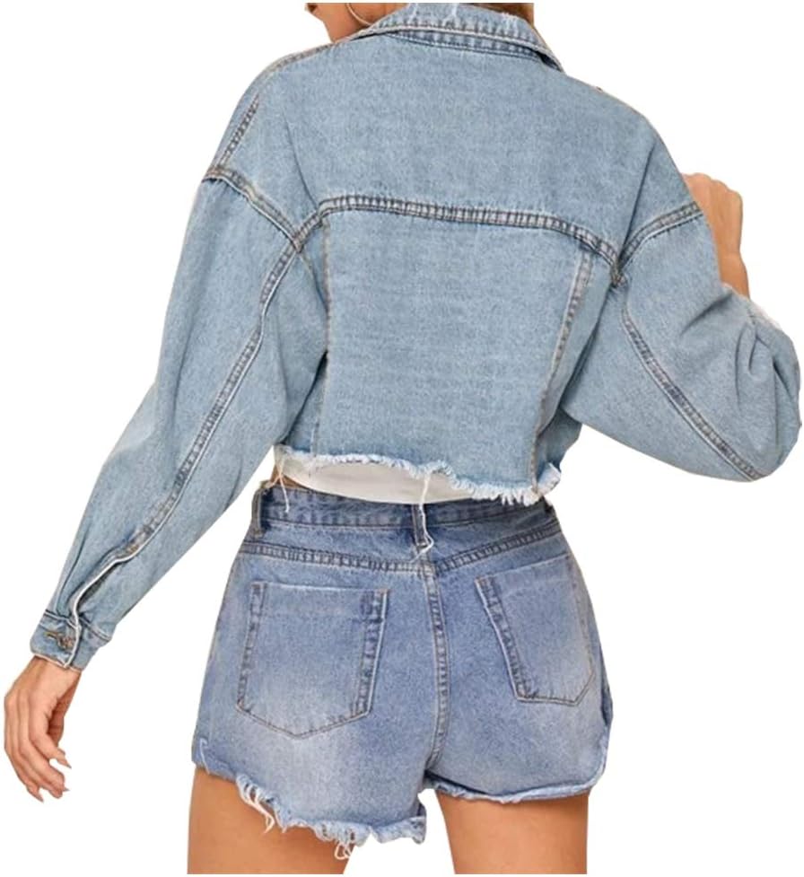 LifeShe Women Cropped Ripped Distressed Denim Jean Jacket Coat Fringe with Frayed Hem - Image 2
