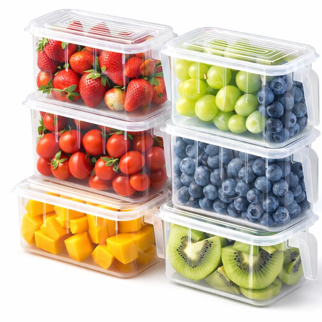 6PCS Food Storage Container with Lids, Stackable Refrigerator Organizer Bins, BPA-Free for Fruits Vegetables, Freezer Safe Boxes, Transparent,30 * 14 * 14cm