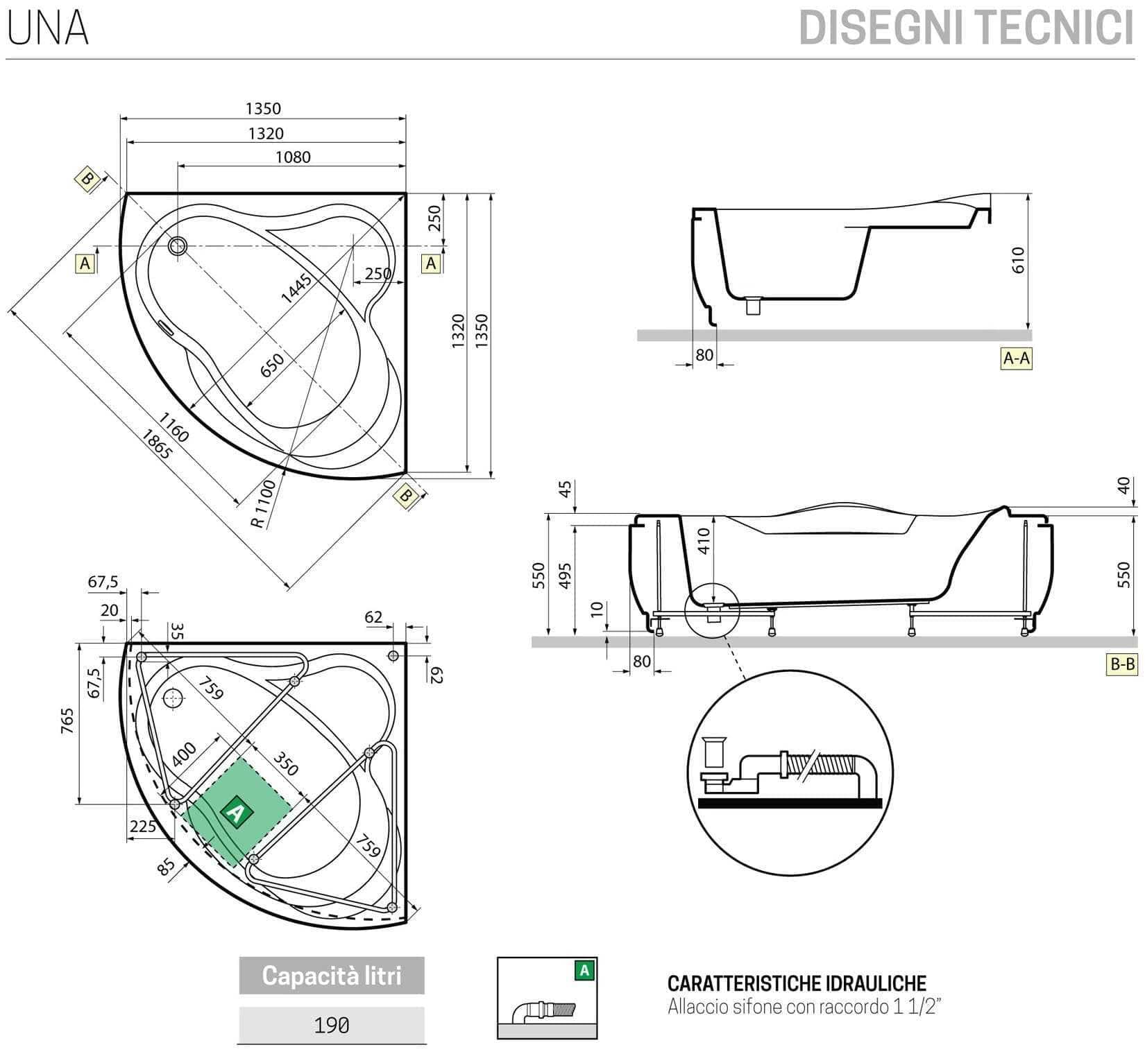 Vasca Bagno Angolare Angolo Simmetrica Novellini Una Standard con telaio 135x135 H55 cm 190 Litri Colonna Scarico Pannello Frontale Curva Guscio Tradizionale Acrilico Bianco Lucido Reversibile