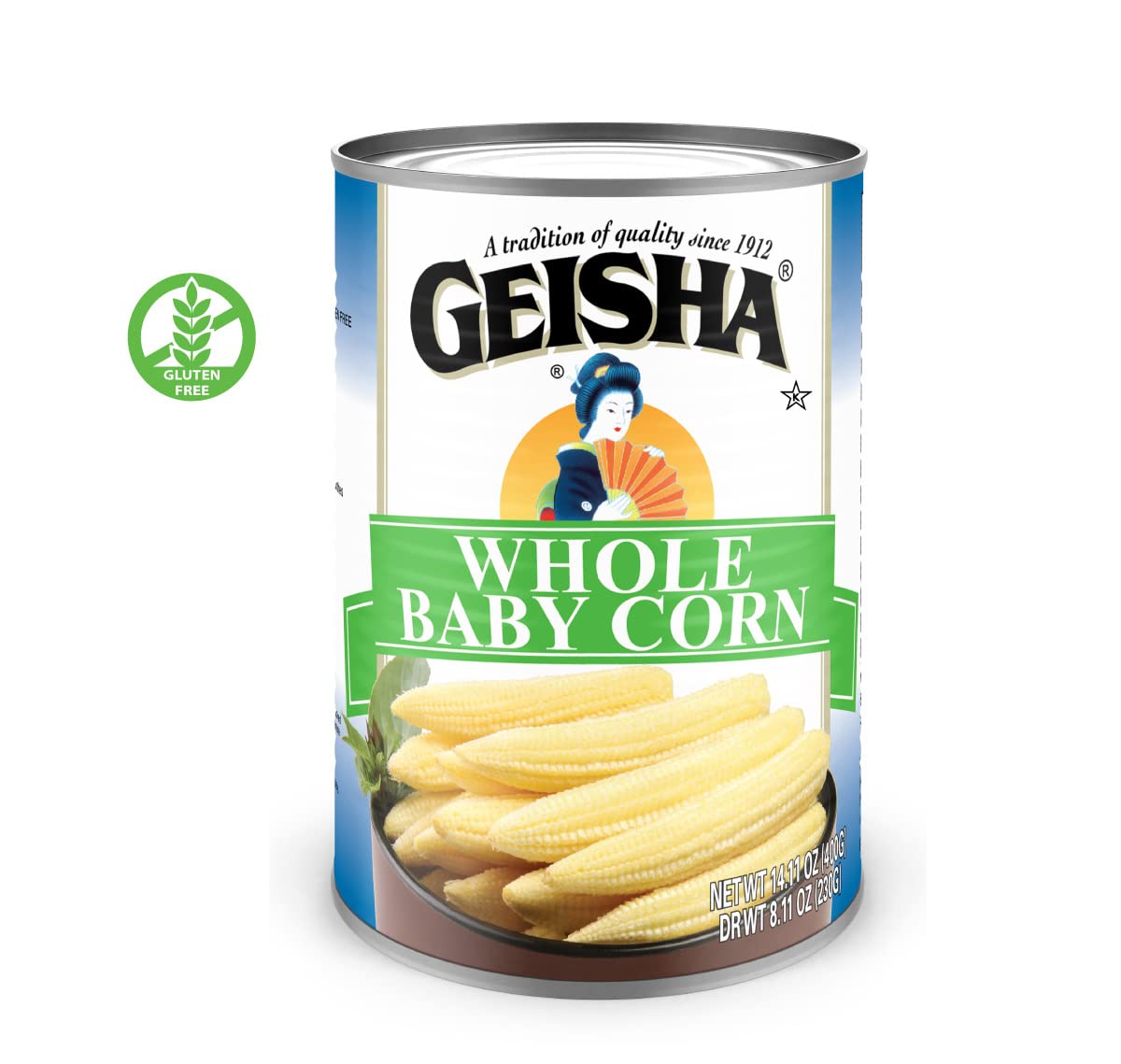 GEISHA Whole Baby Corn 14.11 oz (Pack of 12), Young Corn| Zero Trans Fat – Zero Saturated Fat – Good Source of Fiber – No Sugar Added – Gluten Free