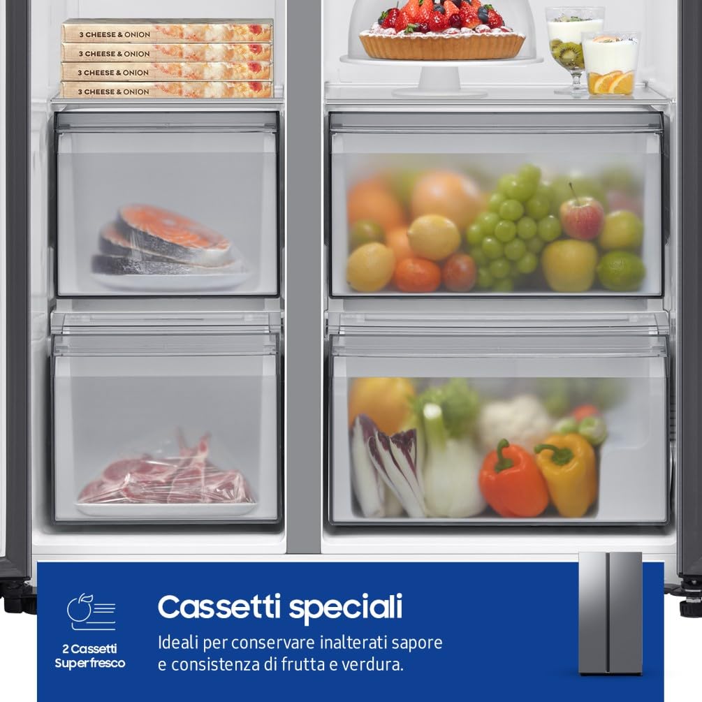 Samsung Frigorifero Side by Side AI RS70F65QET/EF, All-Around Cooling, Wifi con AI Energy Mode, Total No Frost, SpaceMax, 655 L, LxAxP: 91,2 x 178,4 x 72,6 cm, Metal Inox