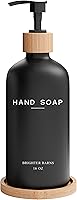 Brighter Barns Black Glass Hand Soap Dispenser Set with Bamboo Tray - Luxury Bathroom Countertop Accessories