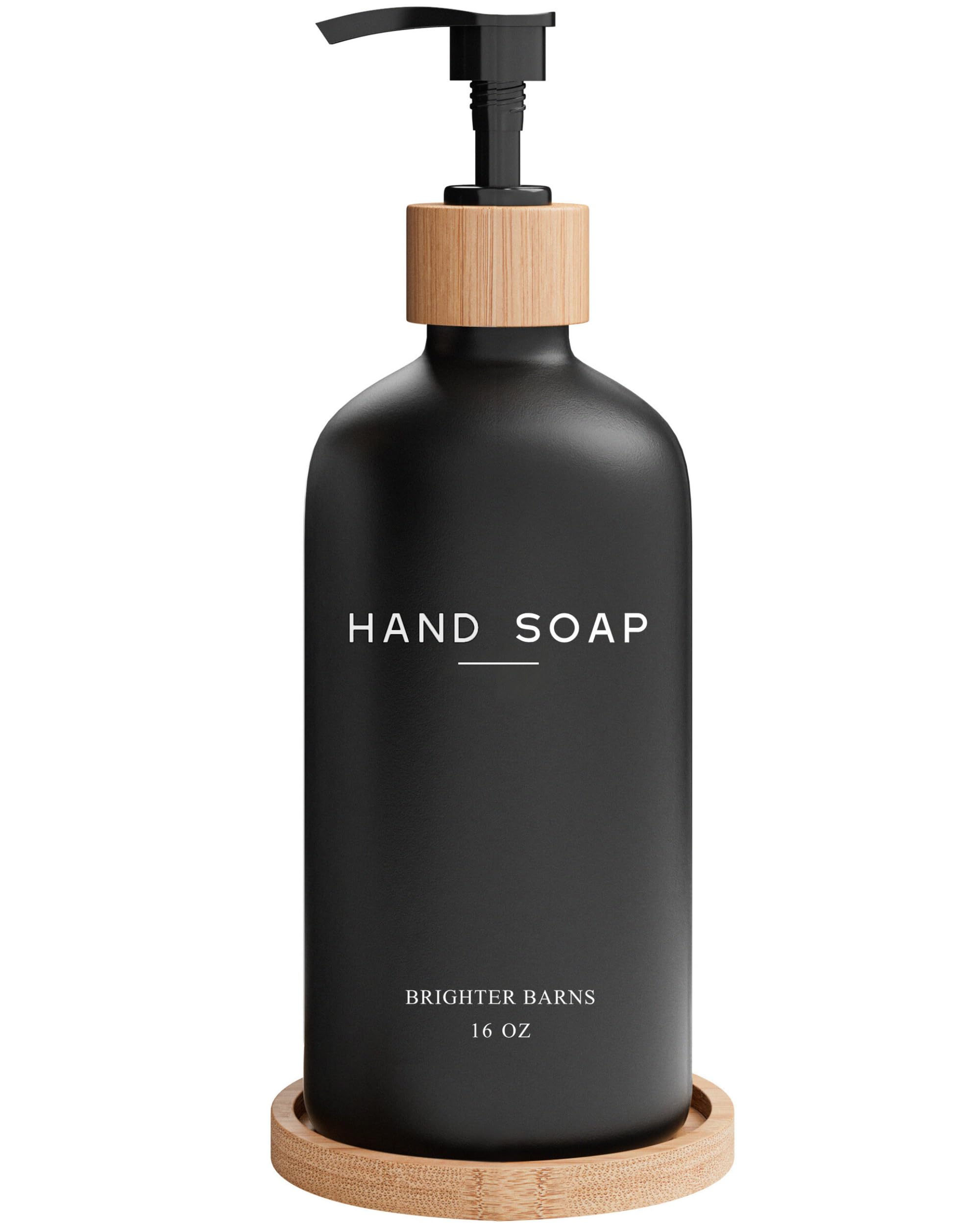 Black Glass Hand Soap Dispenser Bathroom Set by Brighter Barns - Bathroom Soap Dispenser Set with Tray - Glass Pump Bottle - Luxury Bathroom Accessories for Hotel, Vacation Rental, Restaurants (Black)