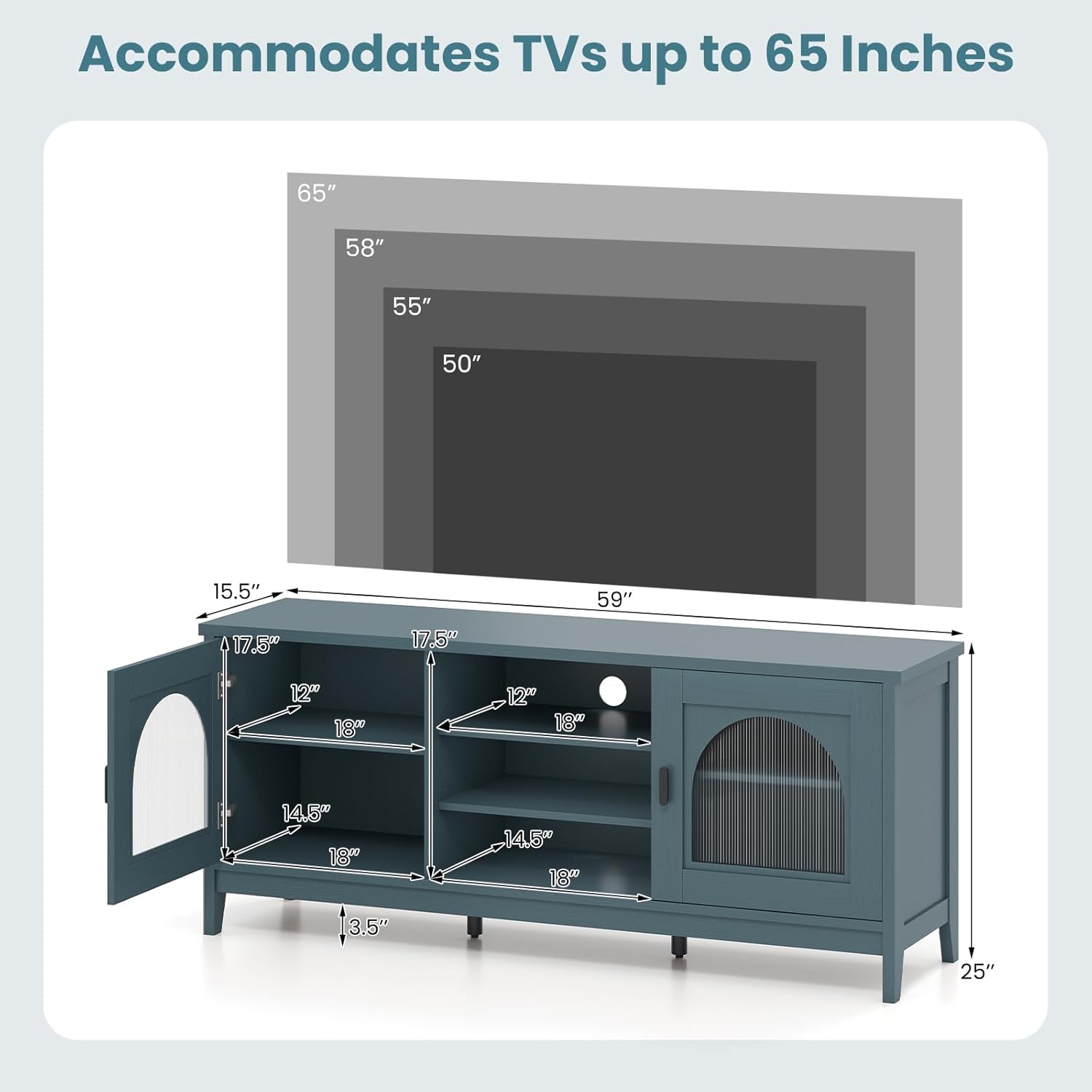 Giantex Farmhouse TV Stand for TVs up to 65", Modern Vintage Entertainment Center w/Storage, Adjustable Shelves, Cable Holes&Glass Doors, Media TV Console Table for Bedroom, Living Room (Teal Blue)