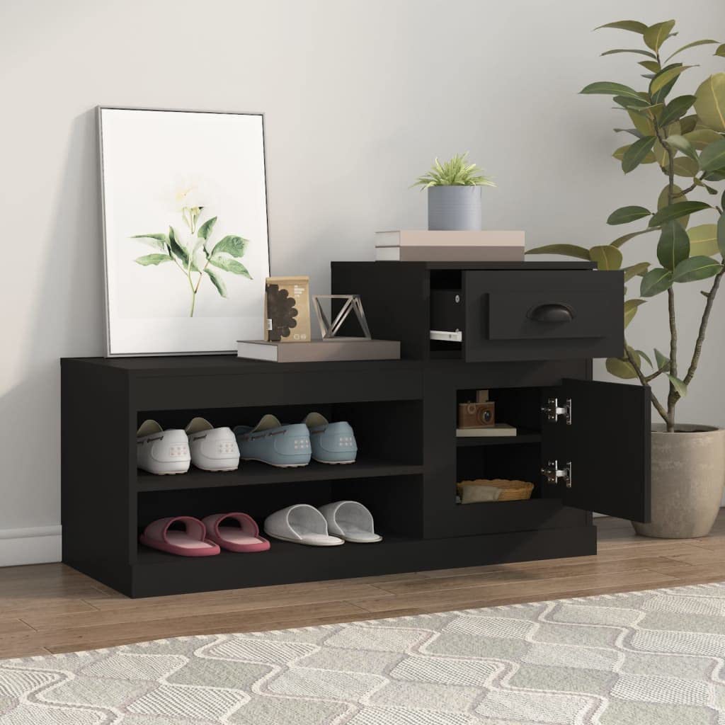 Szafka na buty, czarna, materiał drewnopochodny, 100 x 42 x 60 cm, z zamkniętym przechowywaniem i funkcją organizera, zajmuje mało miejsca, do korytarza, przedpokoju, regał na buty z drzwiami