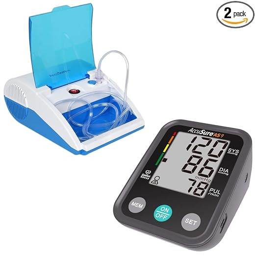 AccuSure Combo Pack of XL Nebulizer Machine for Adults & Kids - Compressor Nebulizer Machine With Mouth Piece & Mask for Home Use Comes With AS9 Fully Automatic Digital Blood Pressure Monitor BP Machine