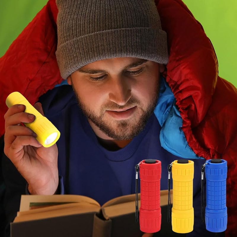 3Pcs Flashlights, Compact Flashlight with Lanyard and Top Rubber Switch, Mini Handheld Flashlight Set for Night Reading Party Camping, Assorted Colors(Red, Yellow, Blue)