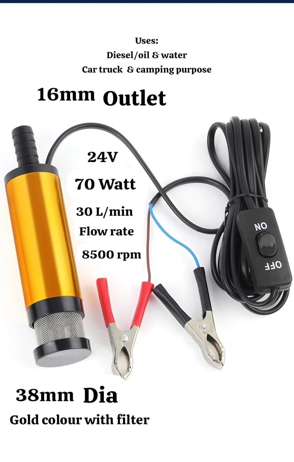 Asian Pumps & Machineries 24V Oil Fuel Diesel Water Transfer Submersible Pump 70W With Filter 8500 Rpm, 16Mm Outlet With Filter For Car Truck Camping Motorbike Flow 30L/Min Head 2.5M