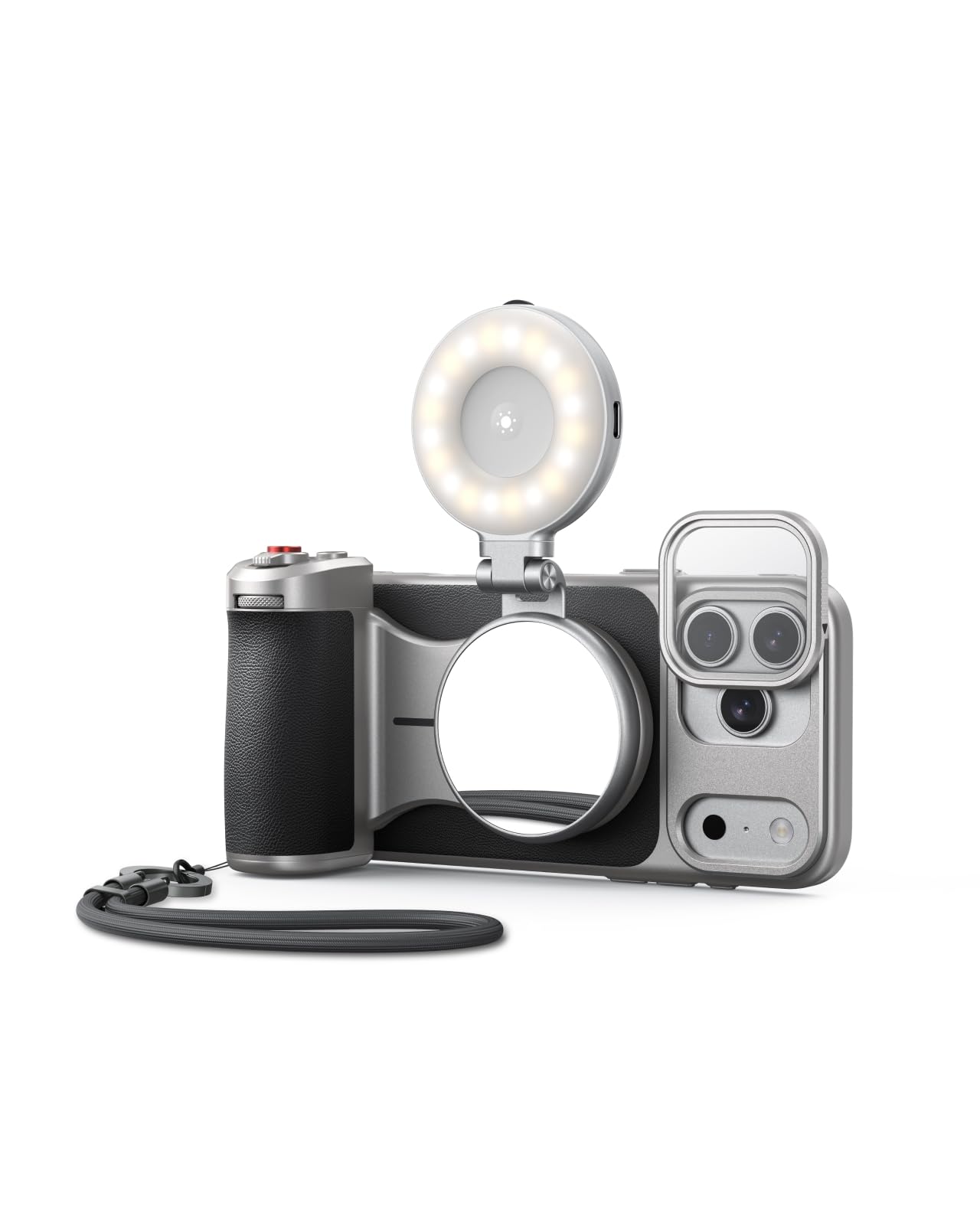 TELESIN Master Grip attached to an iPhone 17 Pro in a Graphene Case.