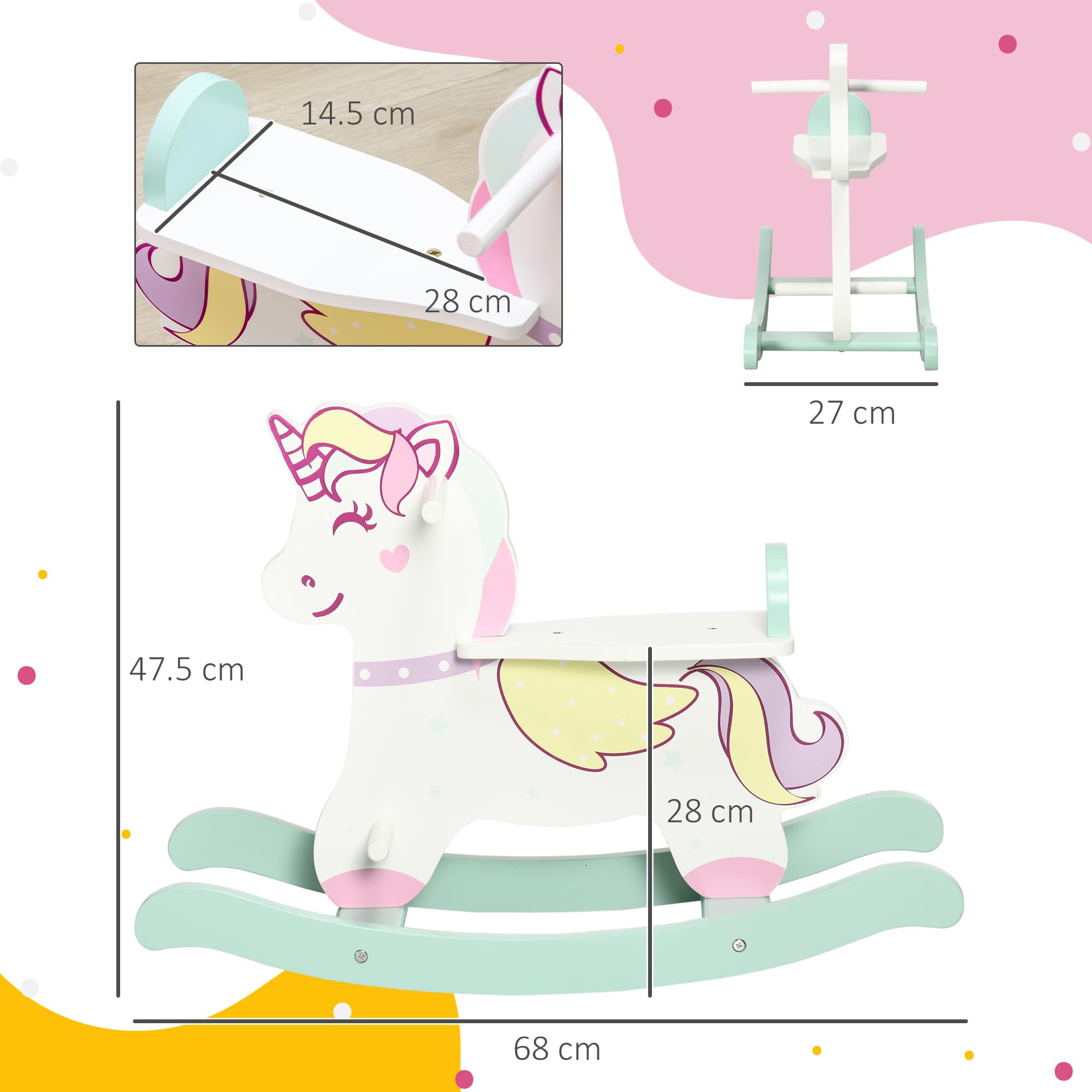 HOMCOM Cavallo a Dondolo per Bambini 1-3 Anni Cavalcabile, Cavalluccio a Dondolo con Maniglie, Schienale e Pedali in MDF, 68x27x47.5 cm, Blu Rosa Bianco