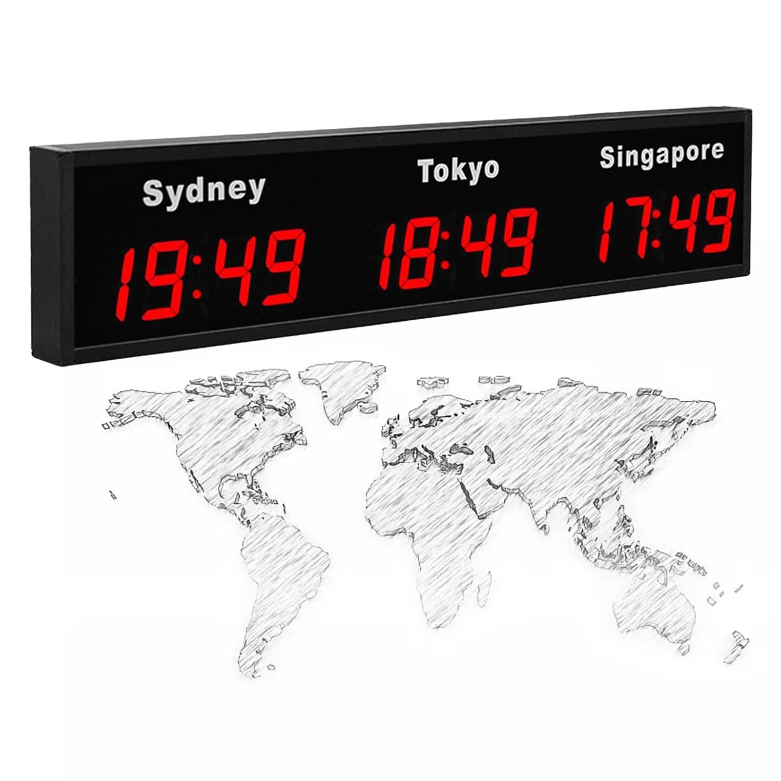 Dojoeuu Red World Time Zones Clock, 3 4 Time Zone Wall Mounted City Clock, Time Changeable, Electronic Clocks, Led Digital Multiple Time Zones Clocks(,3City)