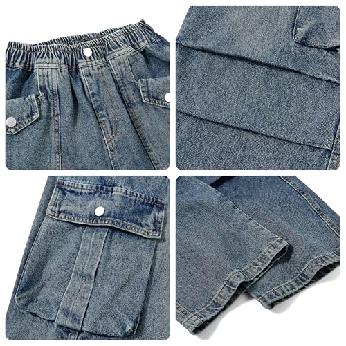 Image of Rolanko Girls Cargo Pants Baggy Y2K Cargo Trousers Jeans Wide Leg Pants with Multi Pockets 4-15 Years
