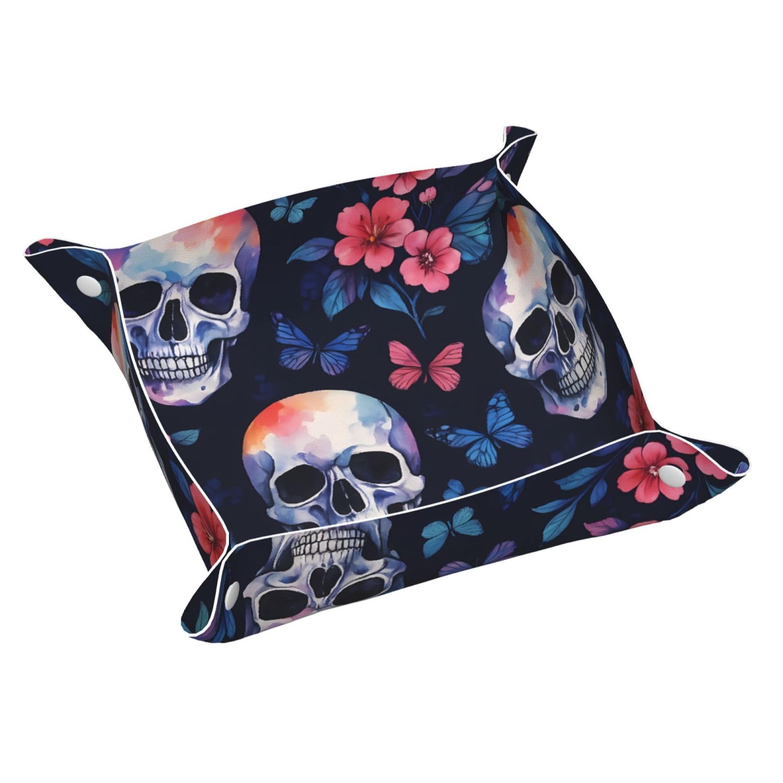 HLBSDM Floral Skull and Butterfly Tray Men's Leather Valet Parking Portable Entrance Trays Bedside Storage Box