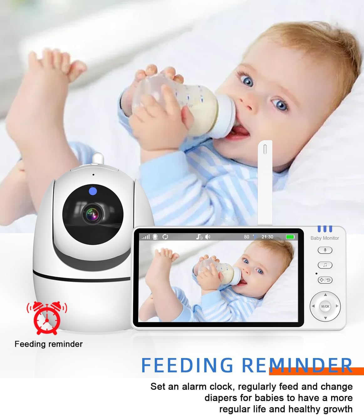 A baby drinking from a bottle with the baby monitor camera and parent unit in the foreground, highlighting the feeding reminder feature.