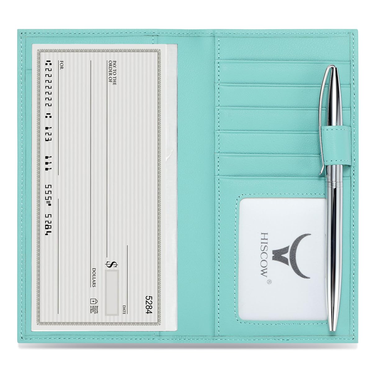 HISCOW Soft Leather Checkbook Cover & Card Holder with Divider - Italian Calfskin (Teal)