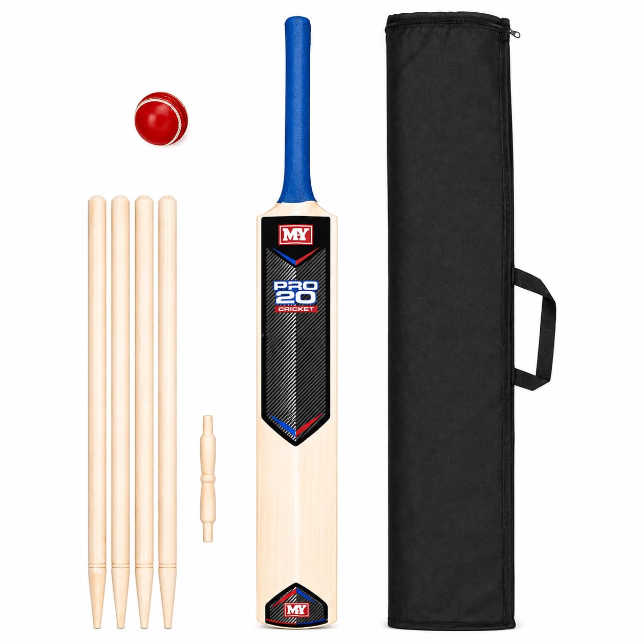 Kids Wooden Cricket Set Size 5 – Junior Cricket Bat Set with Ball Stumps Bails & Carry Bag – 80cm Wooden Bat Rubber Grip Soft Ball Garden Beach Outdoor Cricket Game for Children Age 4+