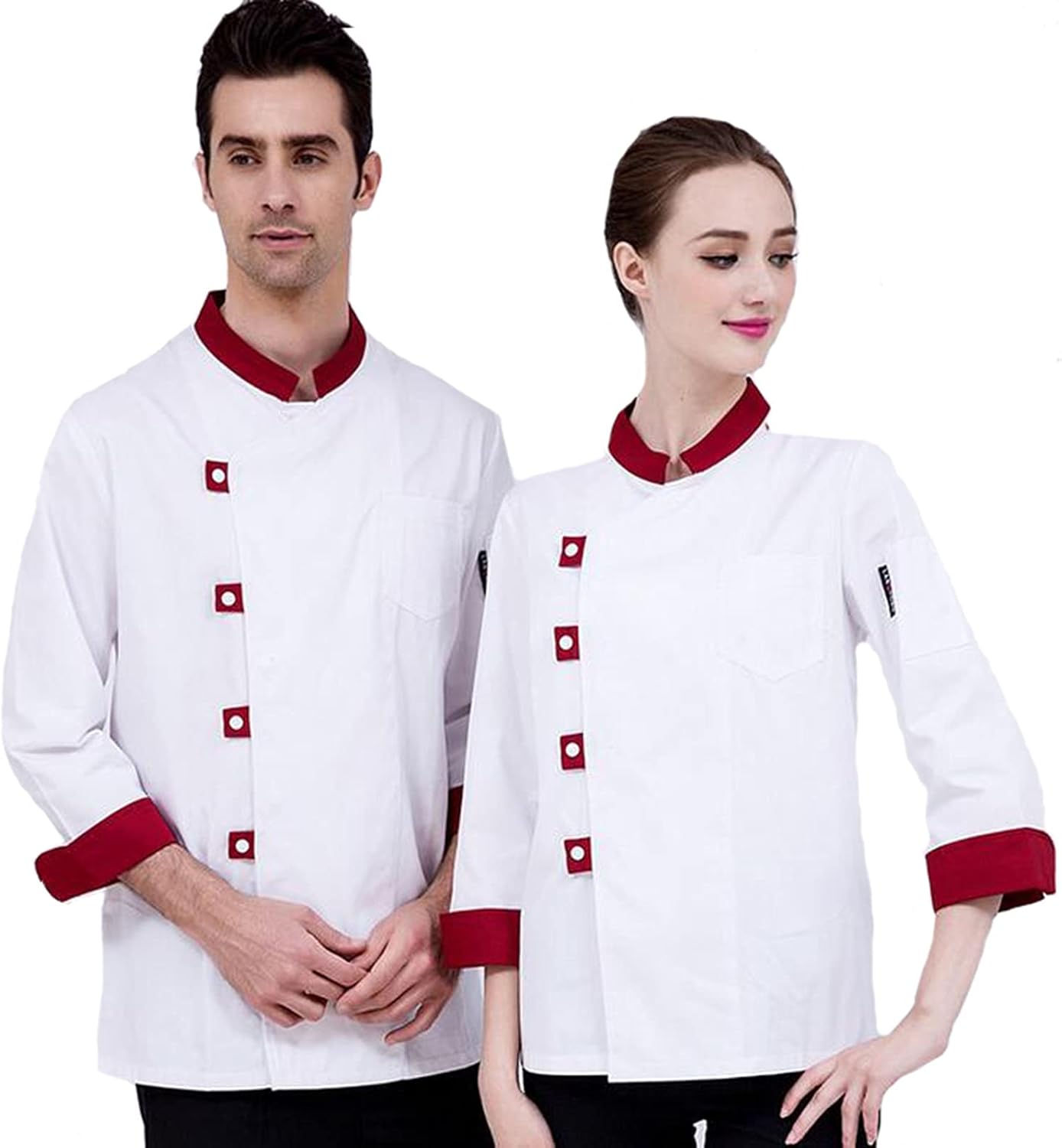 Chef Coat, Men Chef Uniform Long Sleeve Kitchen Food Service Tops Single Breasted Overalls Restaurant Catering Cook Men Clothing(White Red_C(XL))