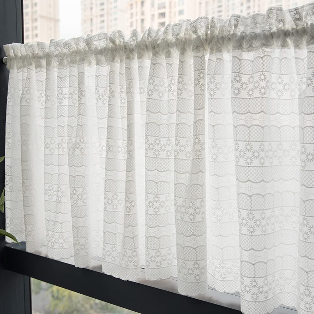 ORICALCHASM Short Curtains, White Cotton Embroidered Window Valance Curtain, Short Curtain for Cafe Kitchen, Half Curtain, with Telescopic Rod(WxH 350x55cm/138x22inch)