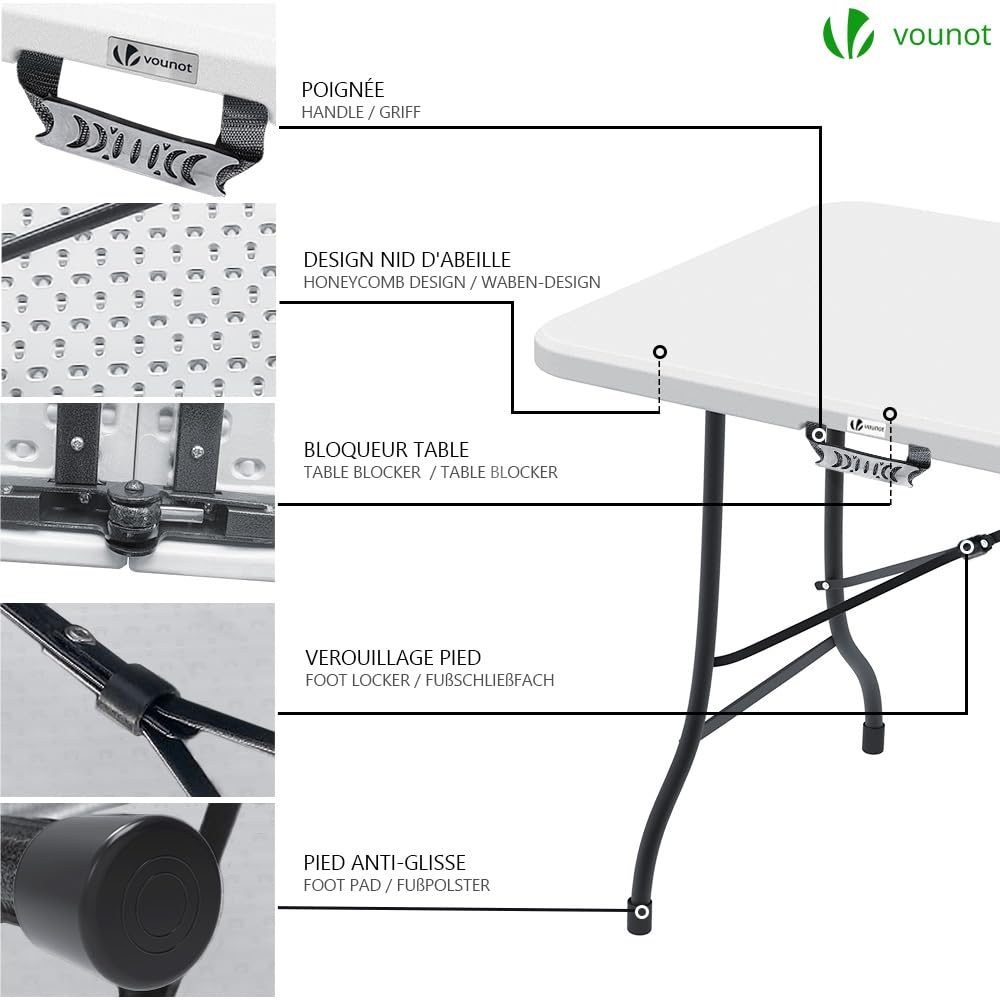 VOUNOT® Mesa Plegable Multifuncional 180 x 75 cm, Mesa de Fiesta con Asa de Transporte, para Jardín, Terraza, Balcón, Blanco