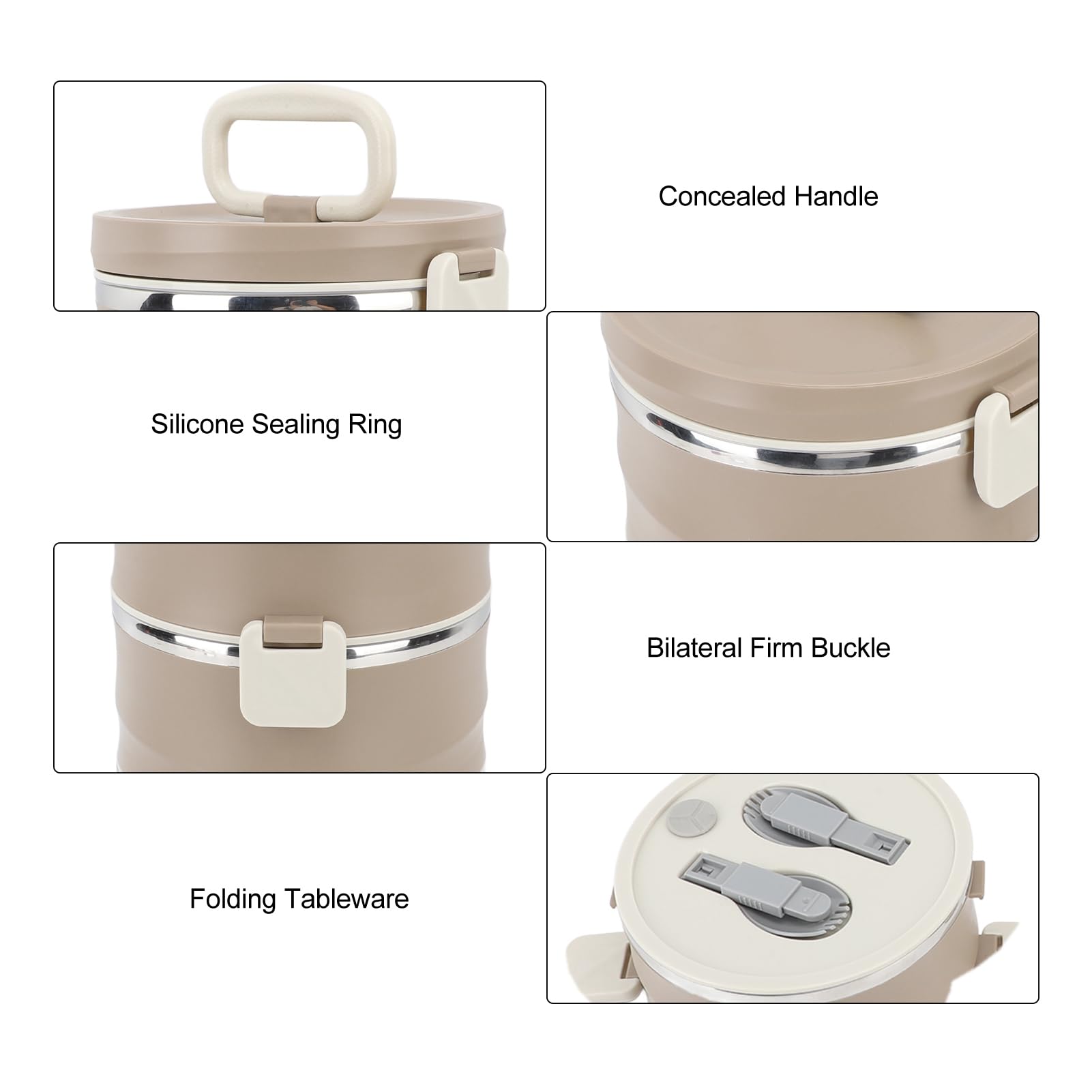 AMONIDA 4 Livelli Lunch Box, Contenitore Rotondo Impilabile (BROWN)