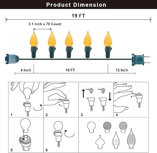Miniatura 6 de Guirnalda de luces naranjas de Halloween, 70 luces LED de cristal C5 con certificación UL, luces de Navidad para uso en interiores y exteriores,