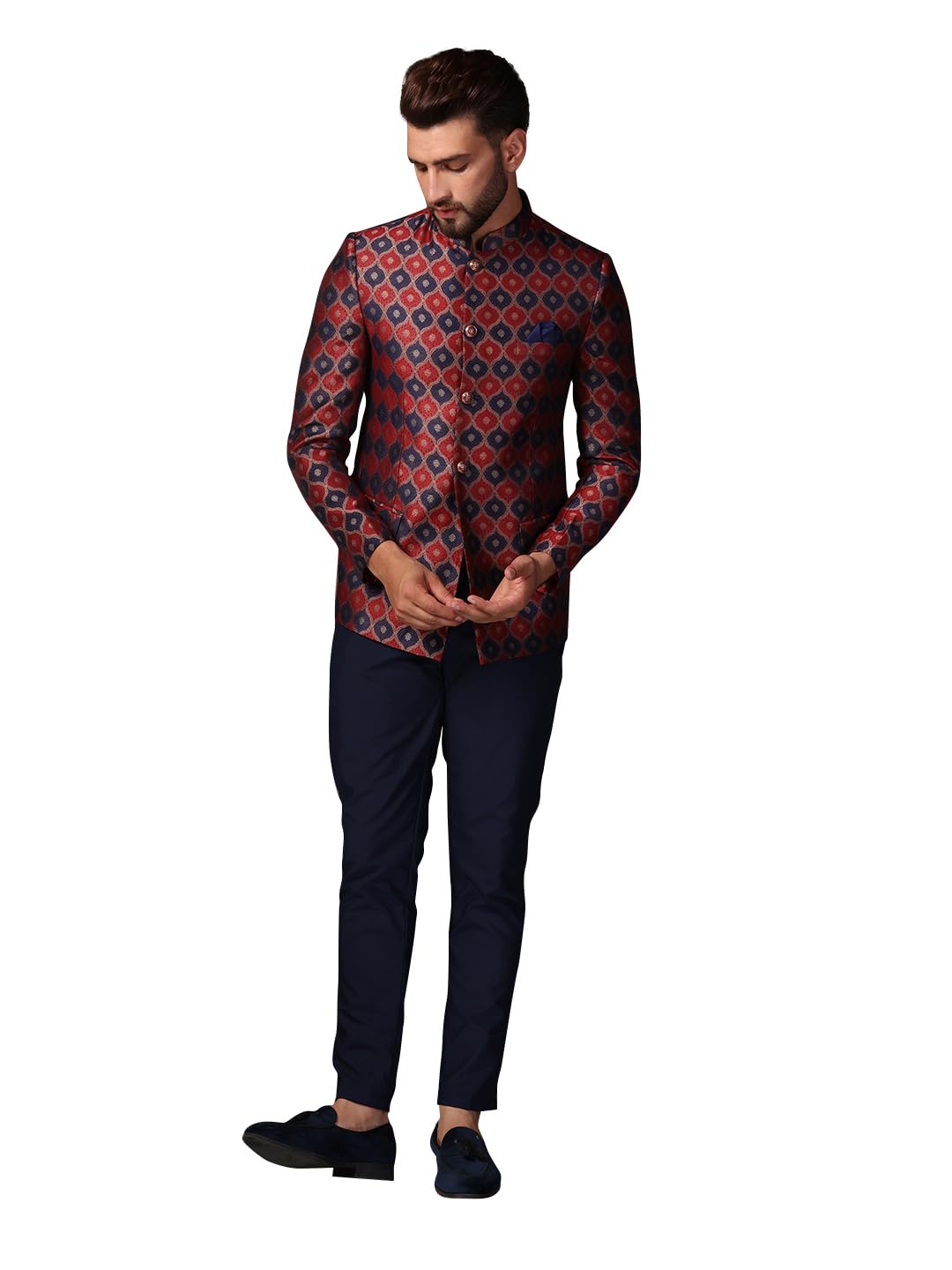 kisah Mens Jodhpuri Bandhgala Trouser Set Silk Blend Jacquard, Ethnic Wear for Men, Maroon-picture-28