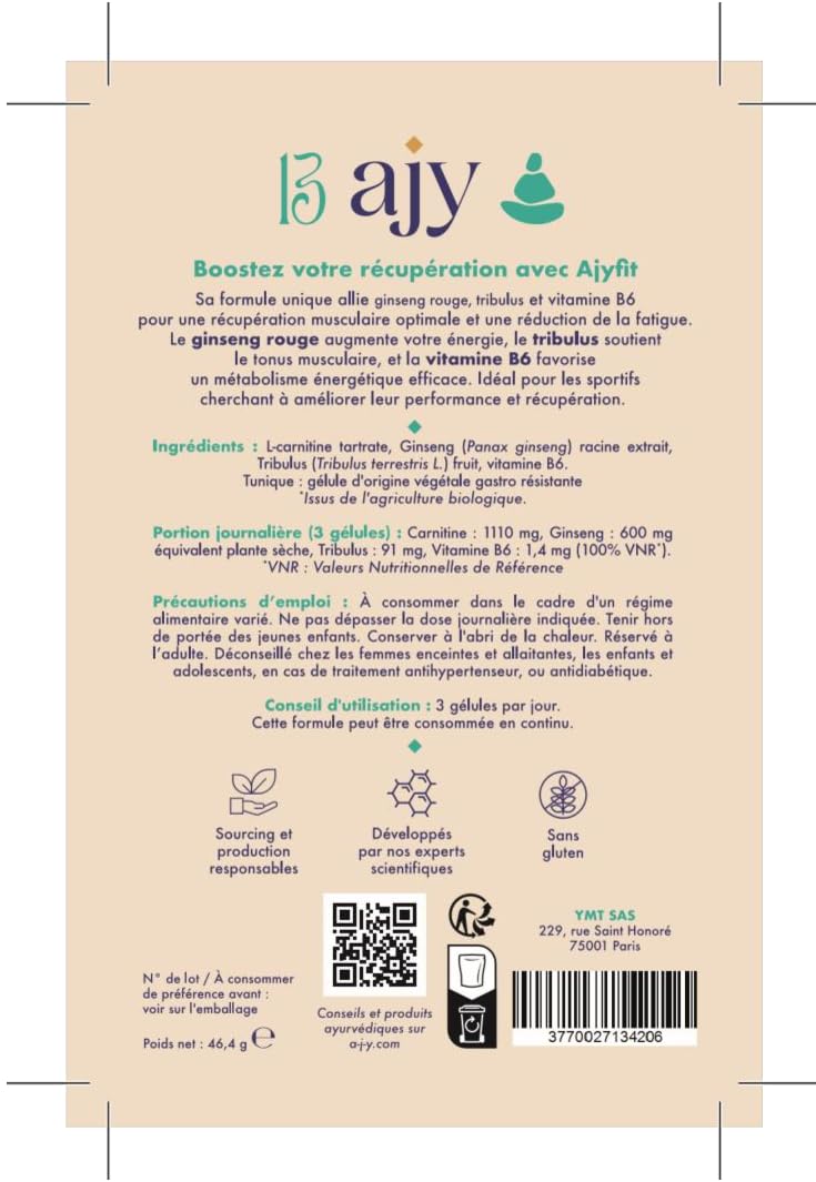 AJYFIT Energie, récupération sportive & concentration | Tribulus, vitamine B6 et ginseng rouge | 100% naturel, 45 gélules