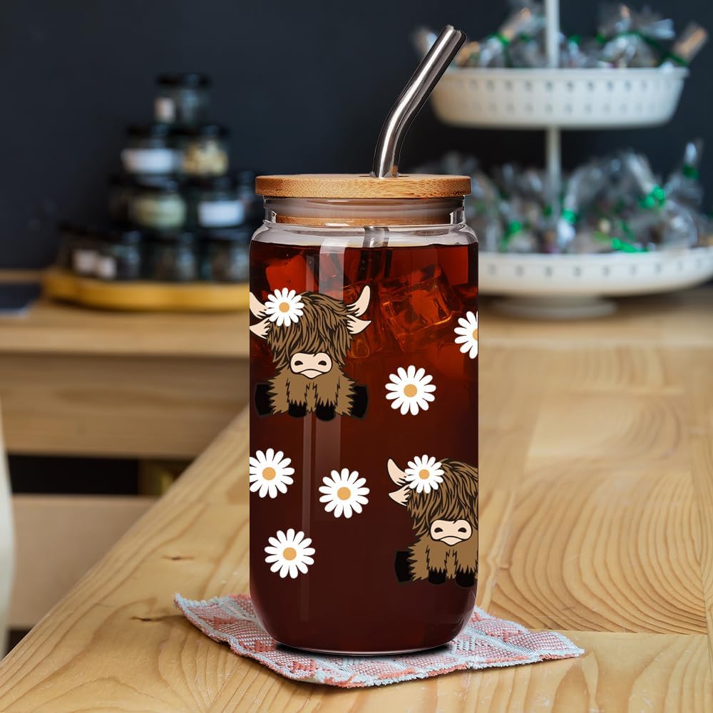 Highland Cow Cup Gifts for Women - 2PCS Cute Cows Themed Stuff 16 oz Glass Cups with Lids and Straws - Highland Cow Christmas Birthday Gifts for Coffee Lovers, Women, Cowgirls, Girls - Image 2