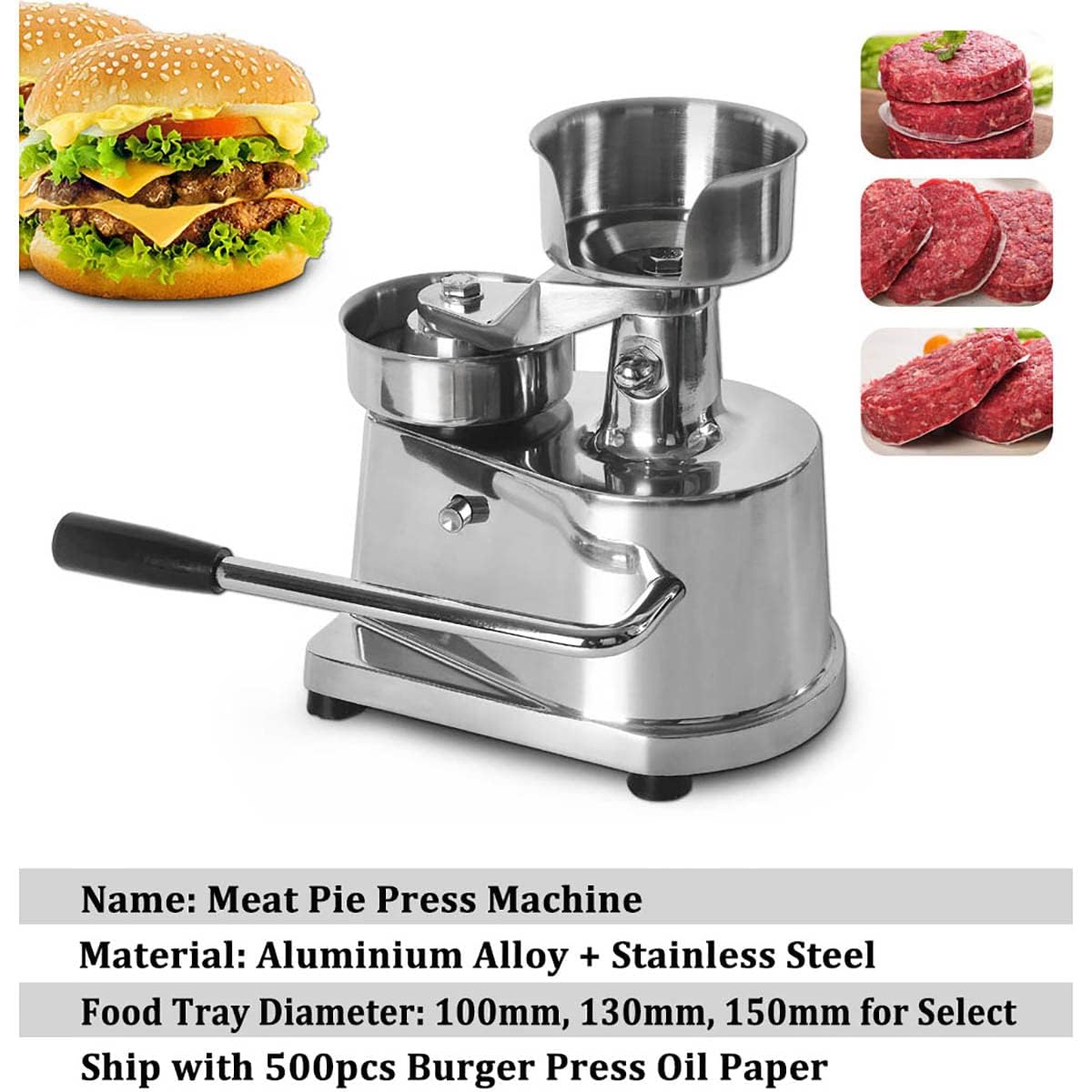 Pressa per Hamburger Commerciale, Macchina per Hamburger Manuale in Acciaio Inox, pressa per Hamburger con 500 Fogli di Carta per Hamburger, per Ristorante, Hotel, Mensa, 150 mm