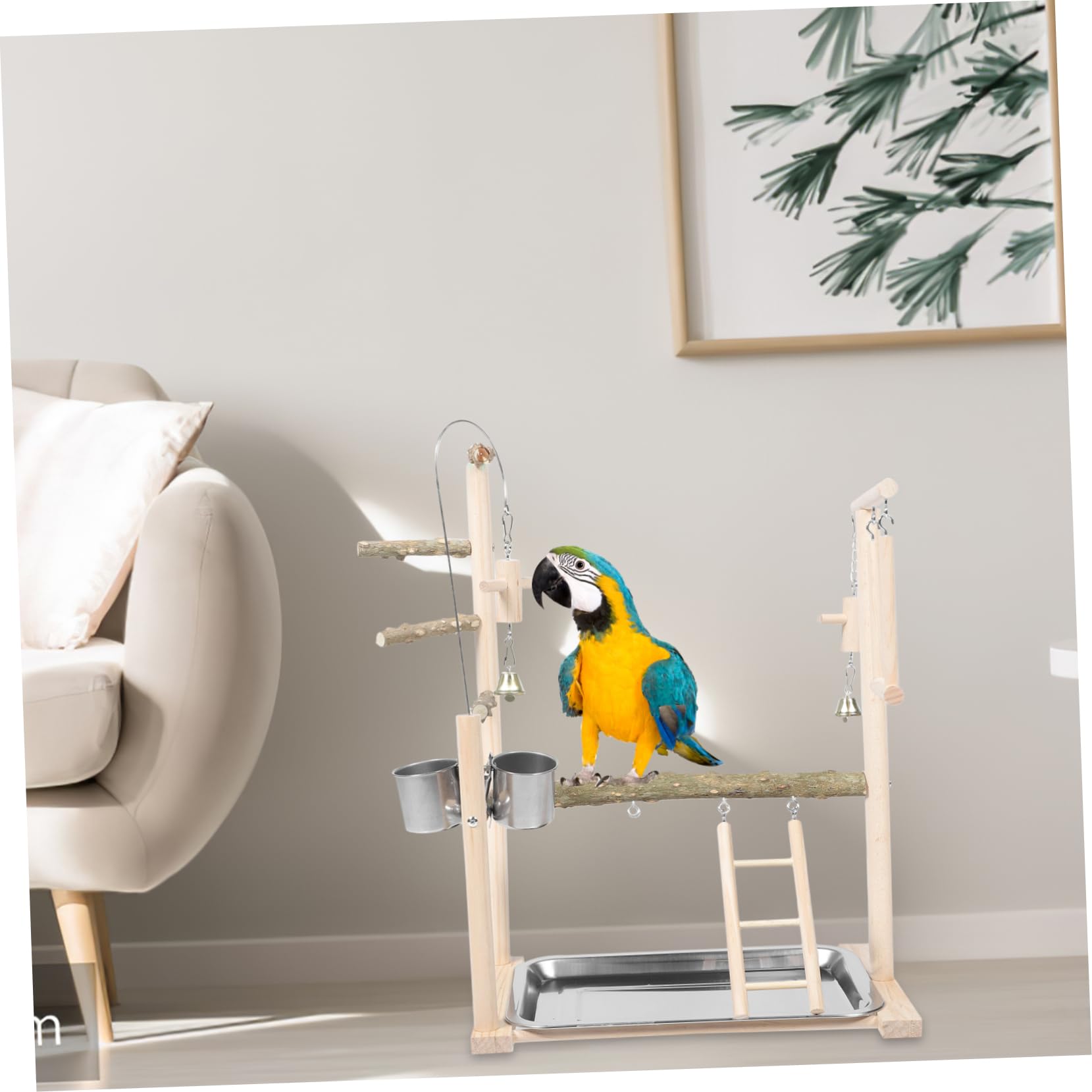 HEMOTON Parco Giochi per Uccelli Supporto per Pappagalli Ciotola per Alimentazione Piattaforma in Legno per Trespolo Supporto per Gabbia Accessorio per Pappagalli