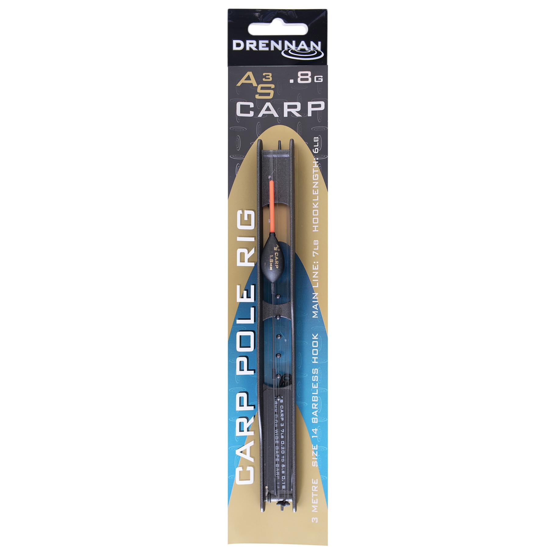 Drennan AS3 Carp Pole Rigs | 3m 0.8g Size 14 Barbless Wide Gape Hook | Professional Hand-Tied Pole Fishing Rigs | Body Down Float Pattern Offering Superb Stability and Bite Indication | FRAC03
